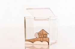 scatolina portaconfetti cubo in plexiglass e applicazione paesaggio in legno